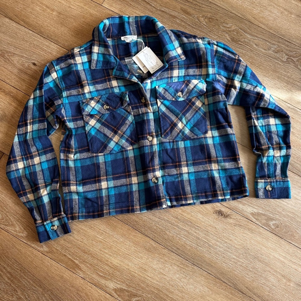 Beachlunchlounge Blue Teal Plaid Cropped Flannel Button Down Shirt Womens Medium